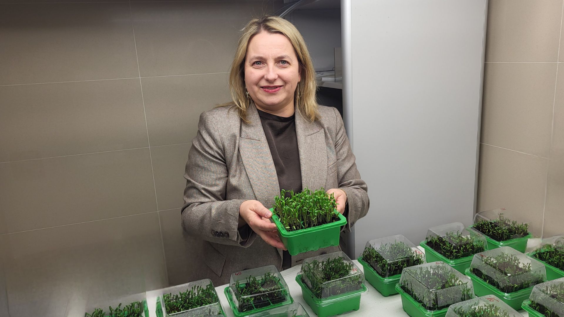 Badaczka z sadzonkami roślin w laboratorium