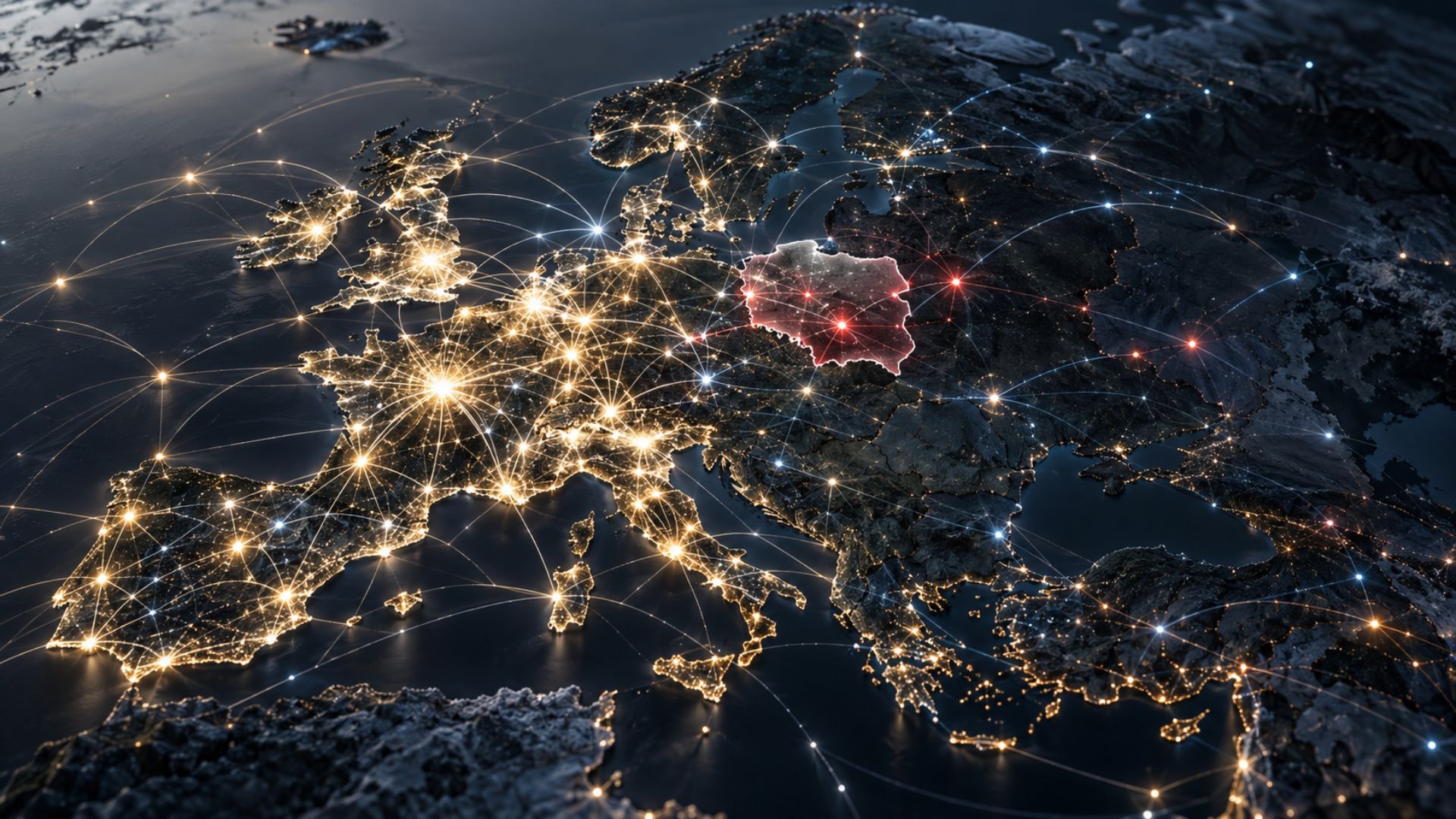Mapa Europy z wyróżnioną Polską i siecią cyfrowych połączeń